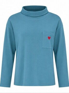 NWT Preloved Long-Sleeve Minimalist Teal Mock Neck Women Top with Pocket Heart L